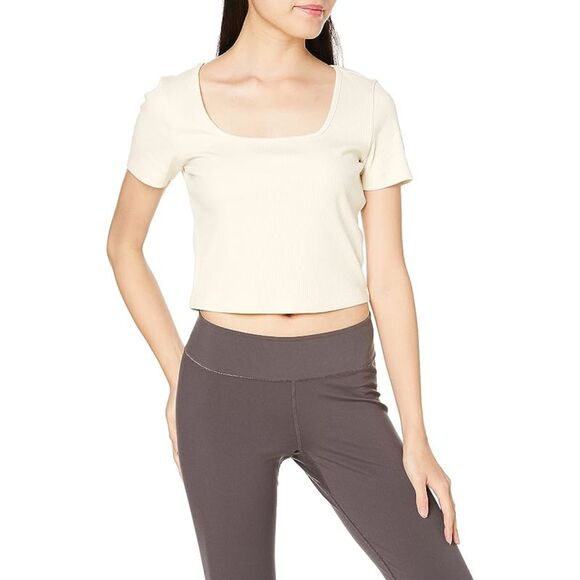 PUMA Womens Ivory Ribbed Short Sleeve Square Neck Crop Top XL - Picture 1 of 4